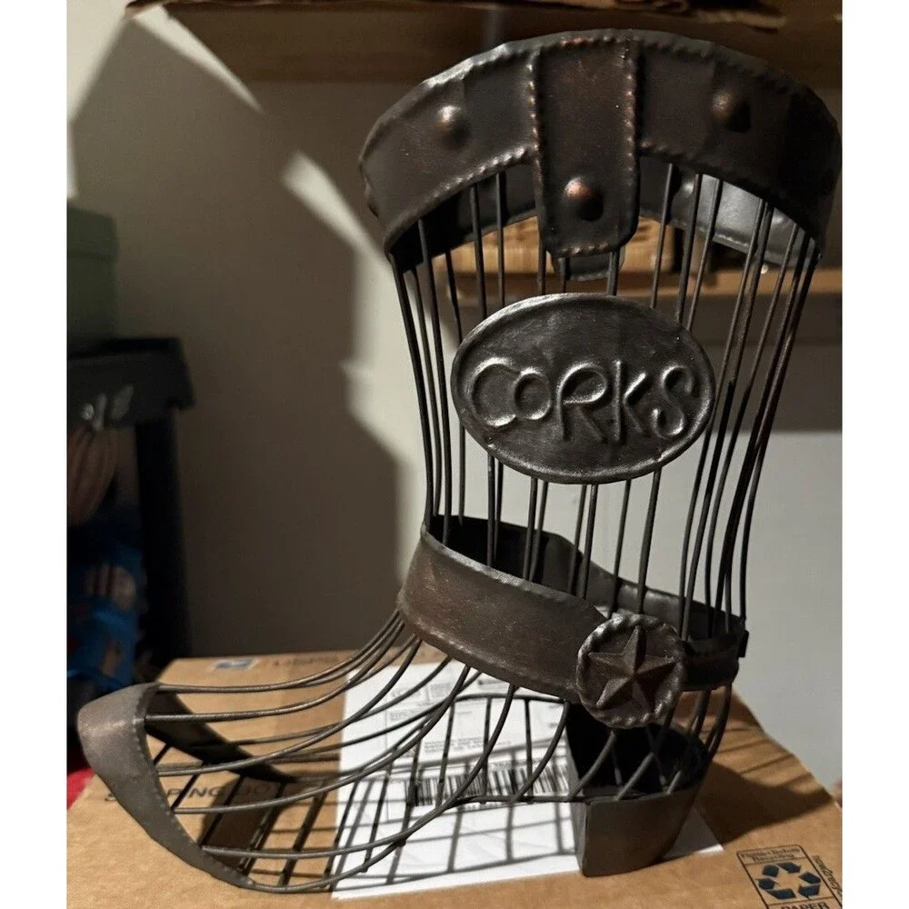 Metal Cowboy Boot Wine Bottle Cork Storage Holder Western CORKS